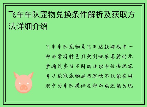 飞车车队宠物兑换条件解析及获取方法详细介绍