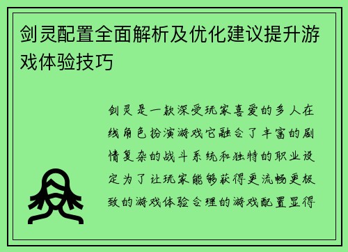 剑灵配置全面解析及优化建议提升游戏体验技巧